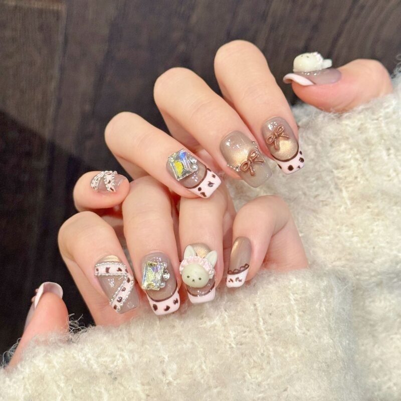 3D Stereoscopic Cute Bunny Bow Milk Coffee Color Sweet Girl Style Handmade Press-On Nails