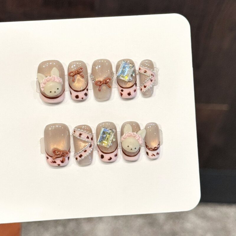 3D Stereoscopic Cute Bunny Bow Milk Coffee Color Sweet Girl Style Handmade Press-On Nails