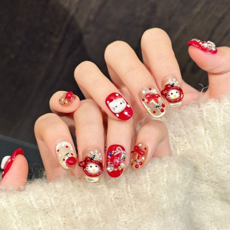 New Year Festive KT Cat Super Sparkle Cute Press-On Nails