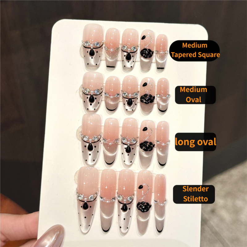 French Sweet Strawberry Translucent Pink Black Diamond Chain Press-On Nails