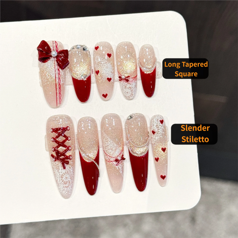 Burgundy Bow French Heart Lace Press-On Nails