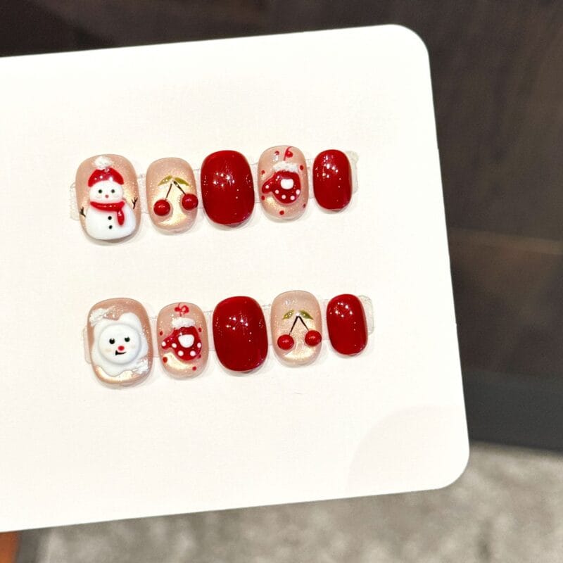 3D Stereoscopic Christmas Snowman & Cherry Cute New Year Red Press-On Nails
