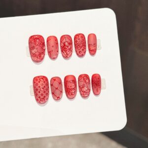 Printed Light Luxury Sweet & Edgy Style Matte Red Hello Kitty Press-On Nails