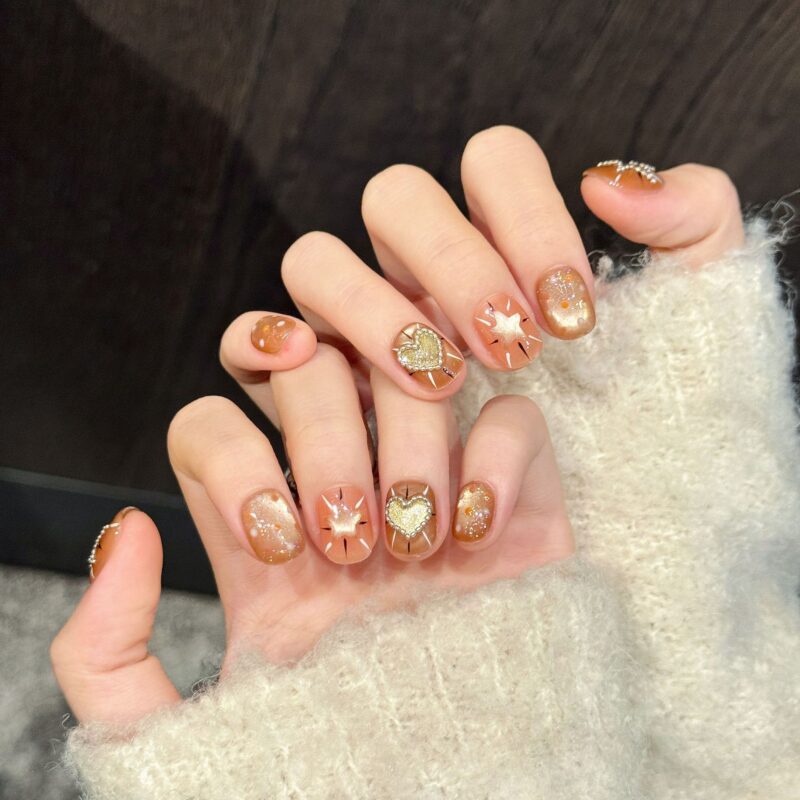 Caramel Starburst Orange-Brown Fine Glitter Heart Design Whitening Press-On Nails