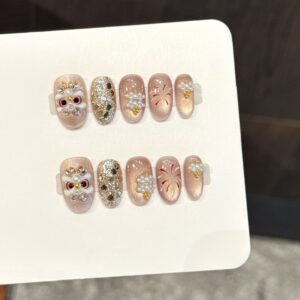 3D Lion Dance Champagne Super Sparkle Fireworks Pearl Press-On Nails