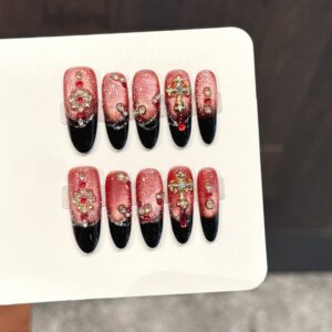 Red Glitter Gradient Black Sweet Edgy Rhinestone Cross Press-On Nails