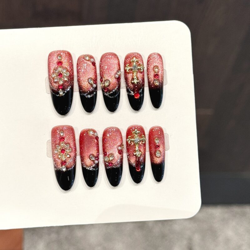 主图-06 Red Glitter Gradient Black Sweet Edgy Rhinestone Cross Press-On Nails