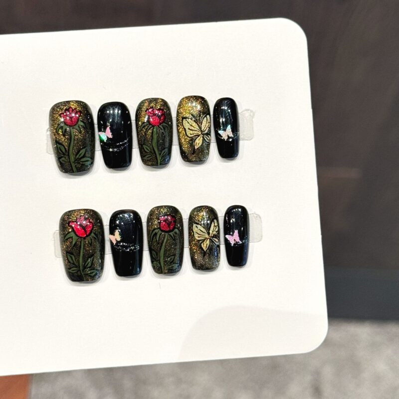 Black Base Gold Glitter Rose Butterfly Hand-Painted Press-On Nails