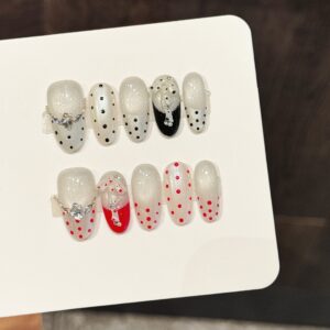 Polka Dot Ice Crystal Silver Glitter Red-Black Color Block Press-On Nails