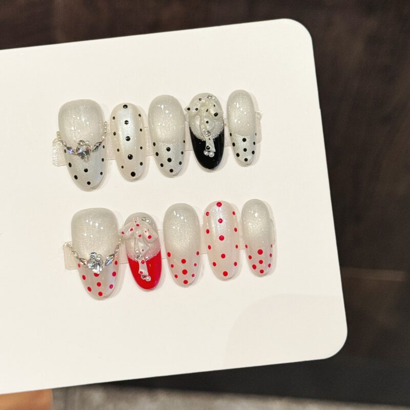 主图-06 Polka Dot Ice Crystal Silver Glitter Red-Black Color Block Press-On Nails