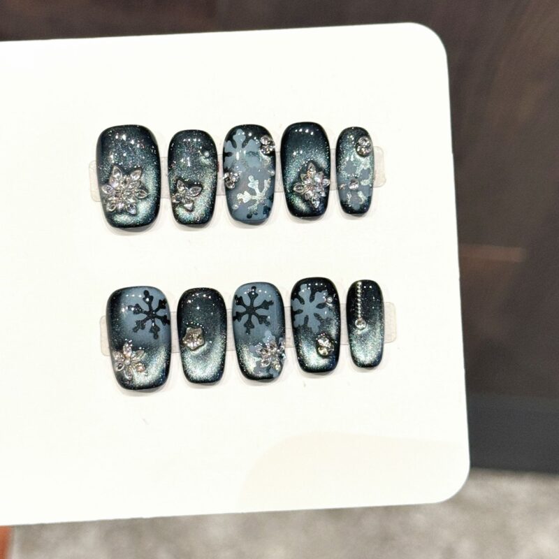 Handmade Ink Blue Super Sparkle Crushed Diamond Winter Press-On Nails