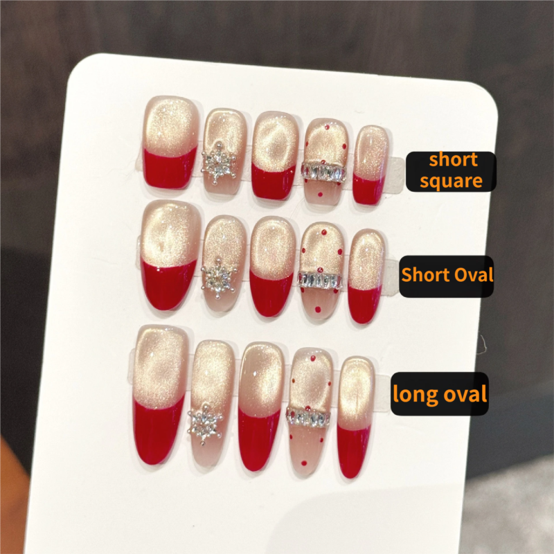 Red Champagne Cat Eye Magic Diamond Short Square & Oval Press-On Nails