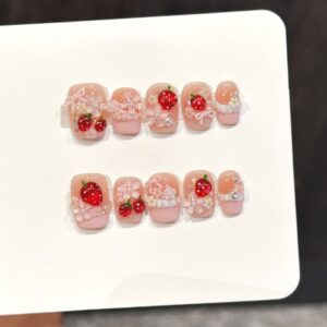 Sweet Girly Style Translucent Pink Strawberry Pearl Press-On Nails