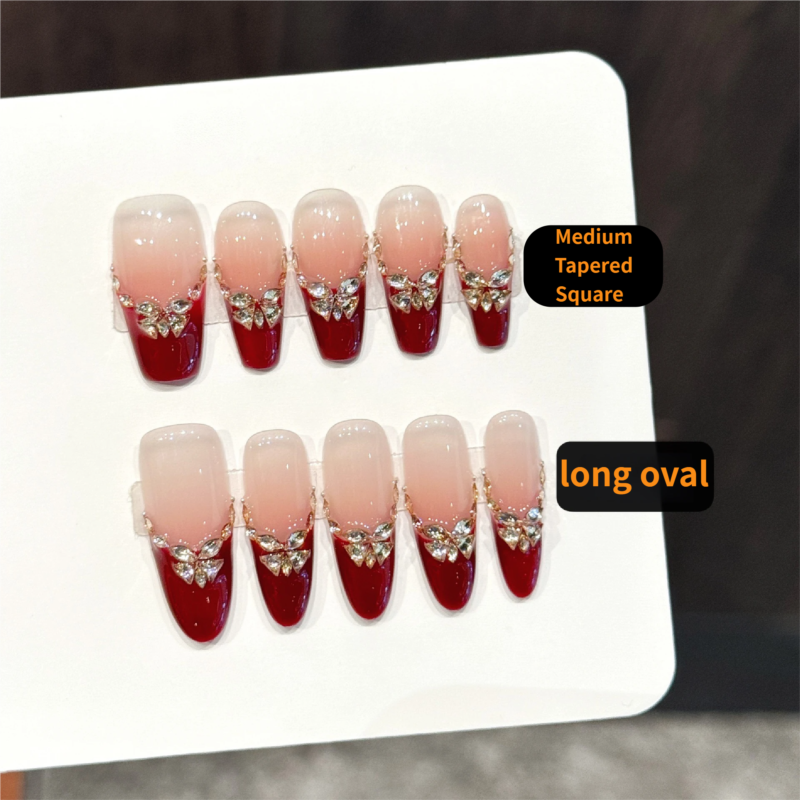 Light Luxury French Burgundy Super Sparkle Shiny Diamond Press-On Nails