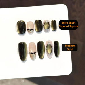 Light Luxury Edgy & Sleek Dark Green Gradient Sparkly Nude Pink Rhinestone Press-On Nails