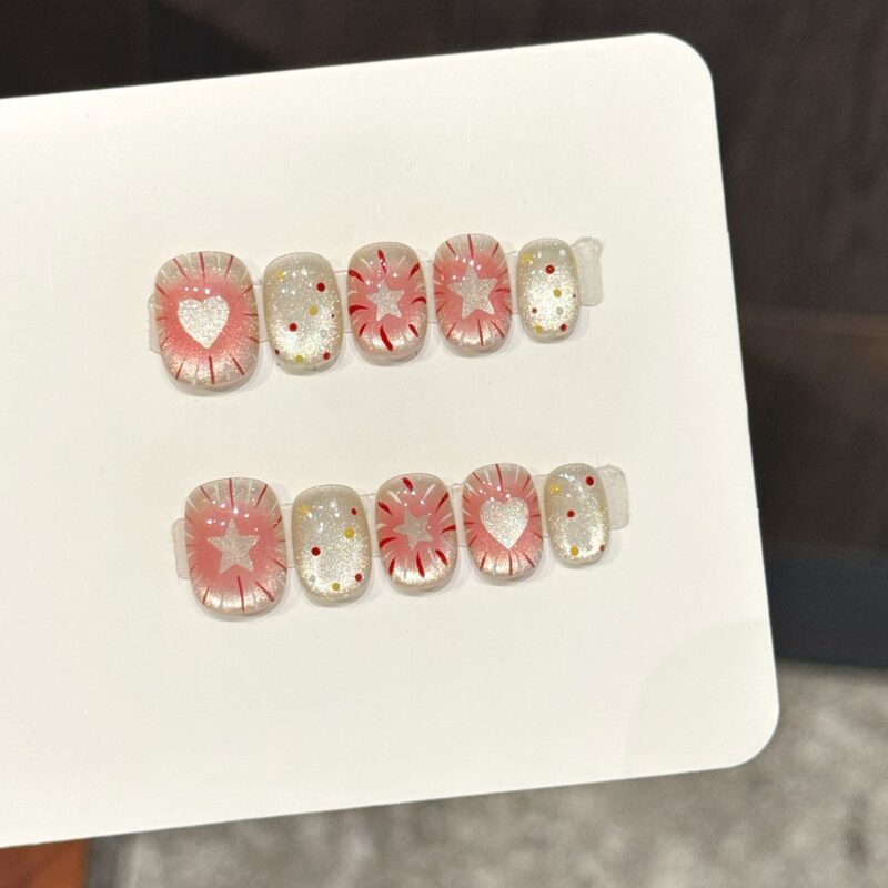 Sweet Girl Style Translucent Pink Heart Star Super Sparkle Press-On Nails