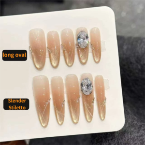 French Elegant Style Nude Brown Cat Eye Rhinestone-embellished Press-On Nails