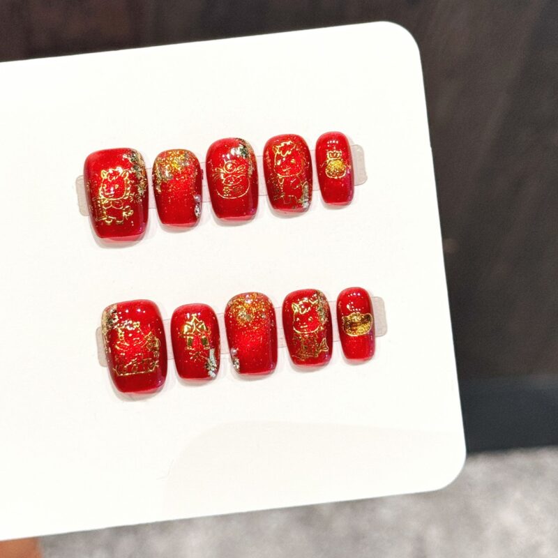 New Year Red Gold Foil Festive Chinese Dragon Firecracker Whitening Press-On Nails