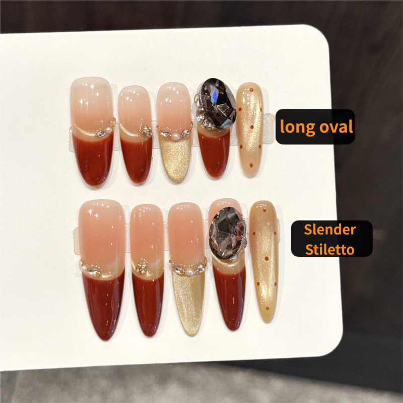 主图-06 French Light Luxury Red-Gold Color Block Rhinestone-embellished Polka Dot Press-On Nails