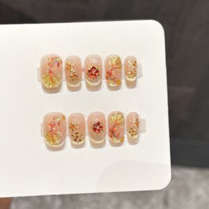 Translucent Nude Gold Foil Flower Koi Fish Gentle Chinese Style Press-On Nails