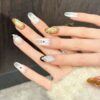 French Gold White Glitter Red Rhinestone Light Luxury Medium Oval Press-On Nails