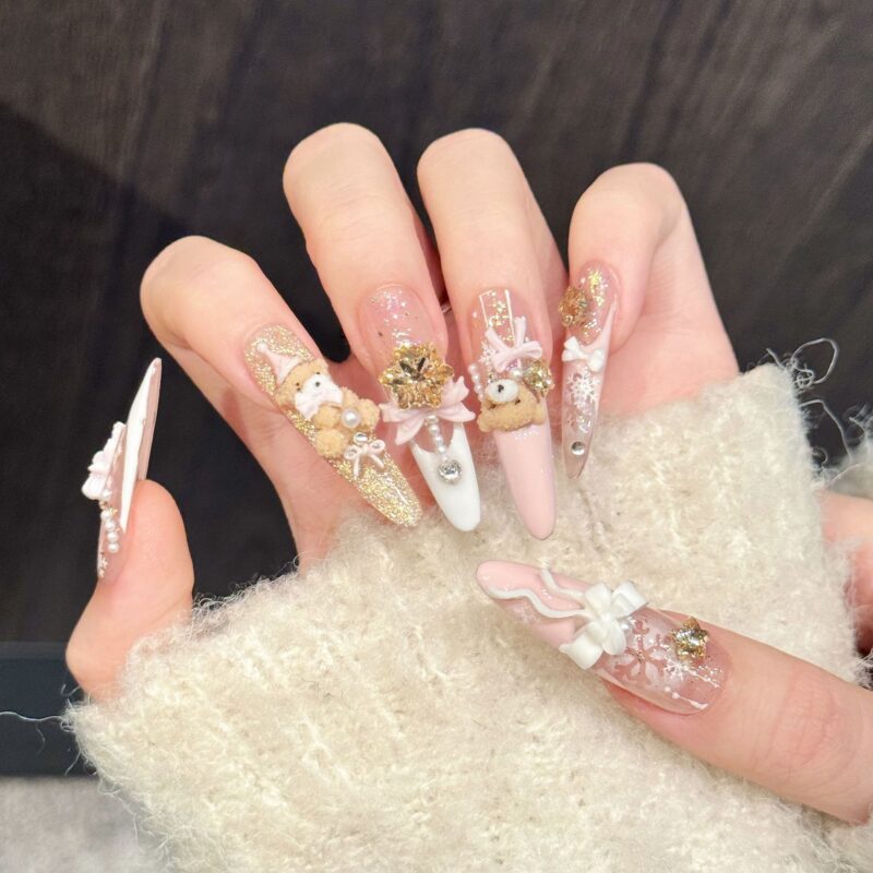 Sweetheart Girly Pink Gold Bear Bow Snowflake Press-On Nails