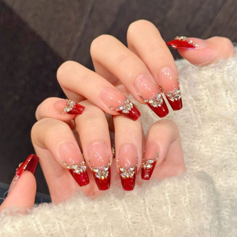 Light Luxury French Burgundy Super Sparkle Shiny Diamond Press-On Nails