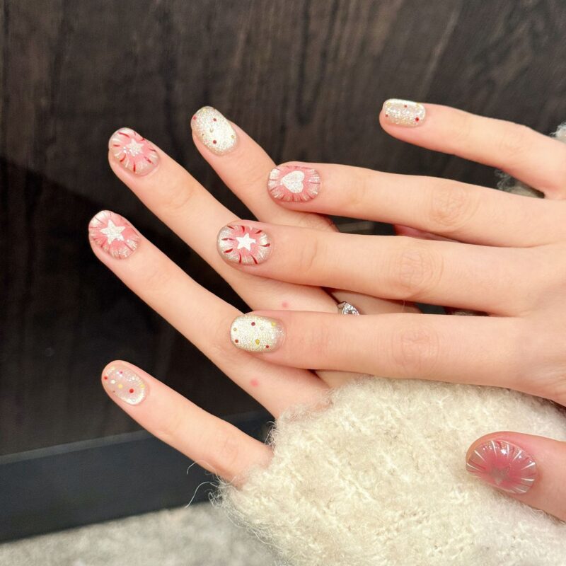 Sweet Girl Style Translucent Pink Heart Star Super Sparkle Press-On Nails