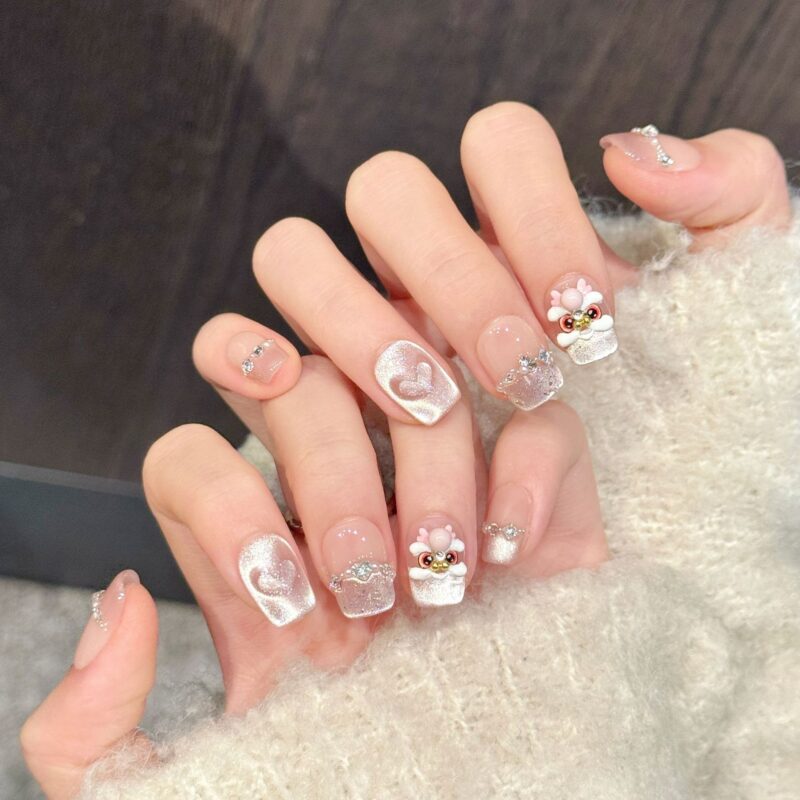 Gentle Style Milk Tea Color Lion Dance Cat Eye Heart Press-On Nails