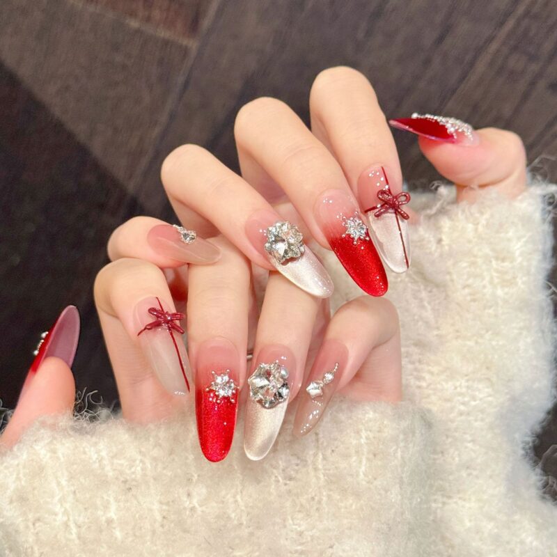 主图-07 Christmas Snowflake Crushed Diamond Bow Gradient Press-On Nails