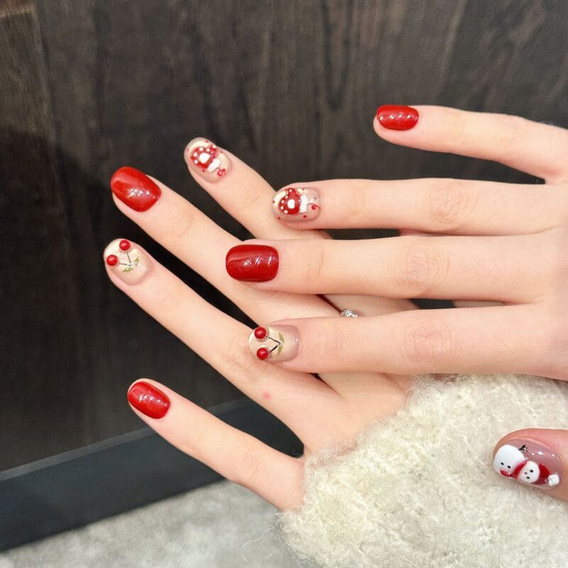3D Stereoscopic Christmas Snowman & Cherry Cute New Year Red Press-On Nails