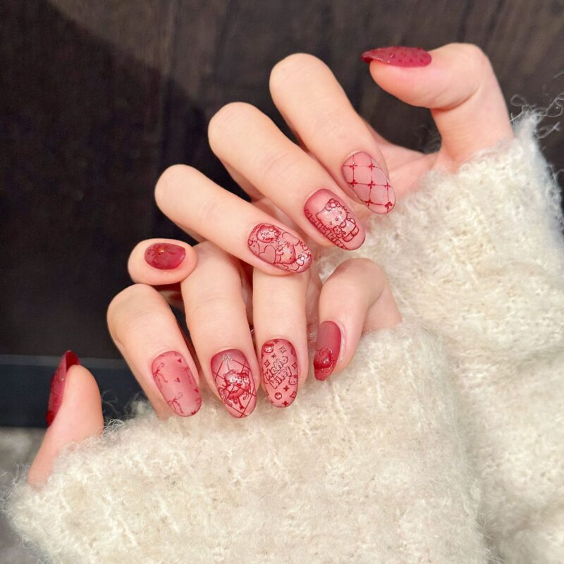 主图-07 Printed Light Luxury Sweet & Edgy Style Matte Red Hello Kitty Press-On Nails
