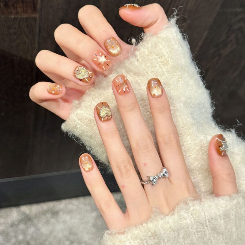 Caramel Starburst Orange-Brown Fine Glitter Heart Design Whitening Press-On Nails