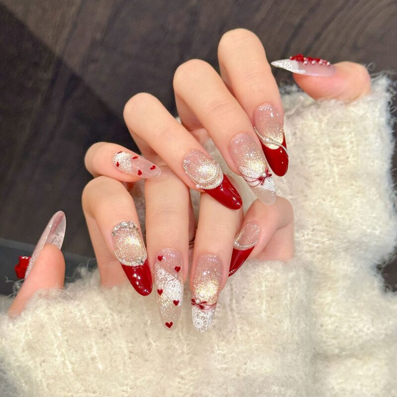 Burgundy Bow French Heart Lace Press-On Nails