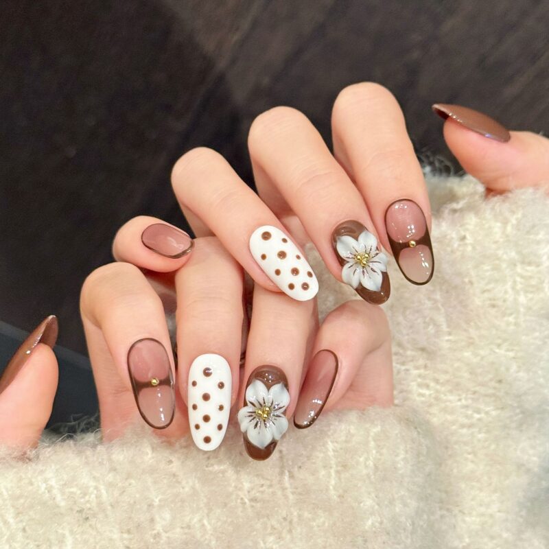 Caramel Brown 3D Stereoscopic Carved Pattern Gentle Polka Dot Press-On Nails