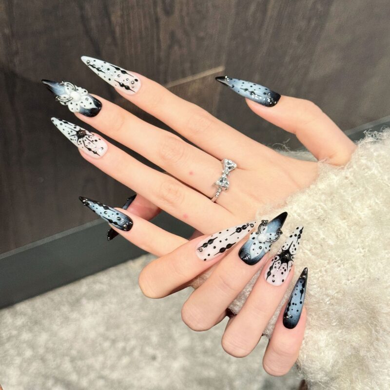 主图-07 Dark Style Ink-splashed Dark Blue 3D Embossed Carvings Press-On Nails