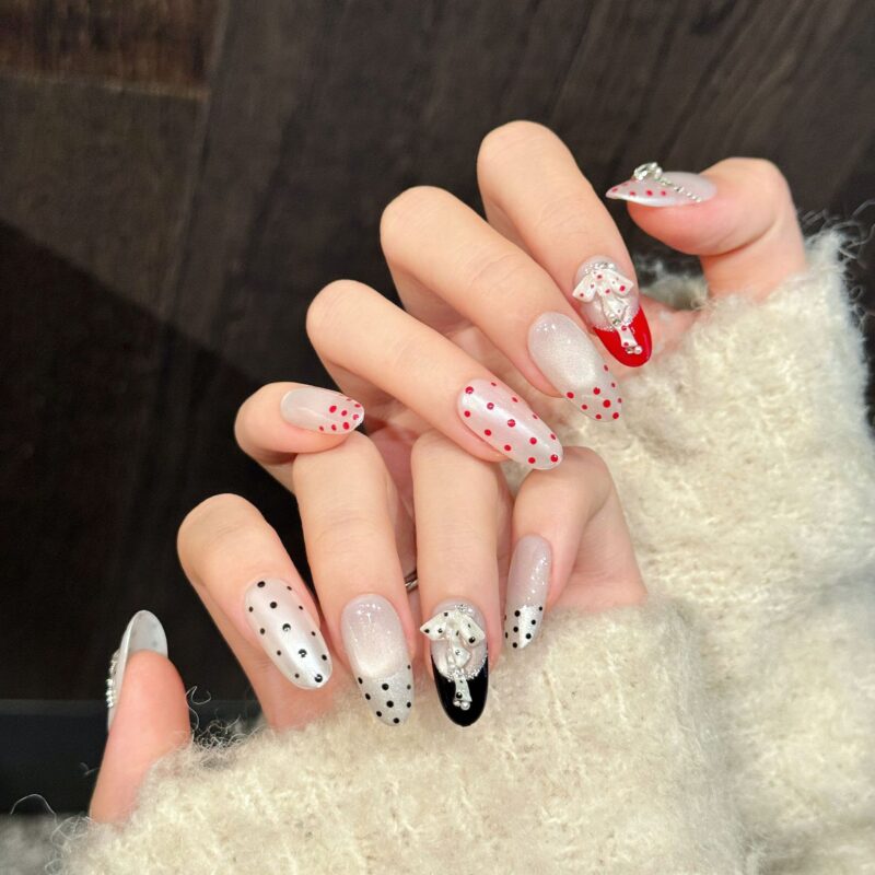 主图-07 Polka Dot Ice Crystal Silver Glitter Red-Black Color Block Press-On Nails