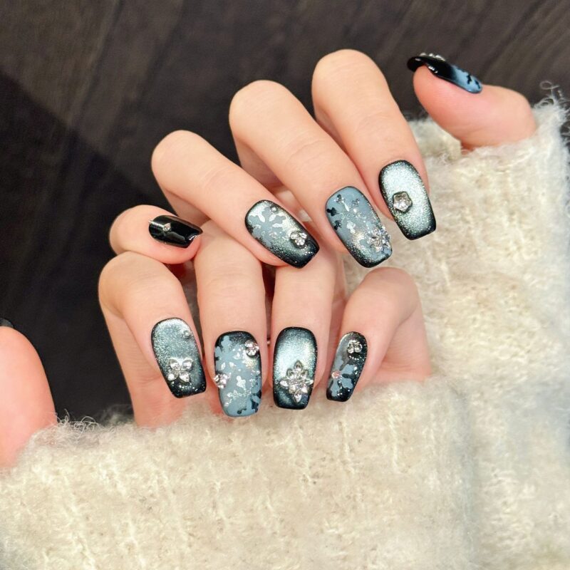 Handmade Ink Blue Super Sparkle Crushed Diamond Winter Press-On Nails