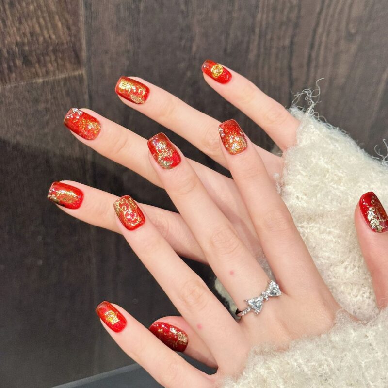 New Year Red Gold Foil Festive Chinese Dragon Firecracker Whitening Press-On Nails