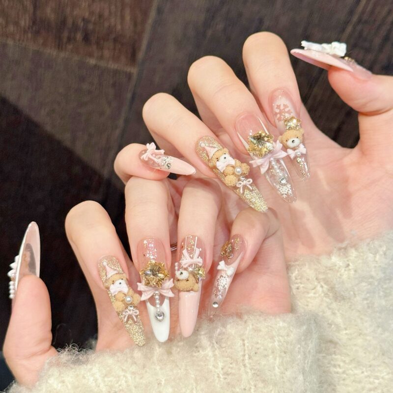 Sweetheart Girly Pink Gold Bear Bow Snowflake Press-On Nails