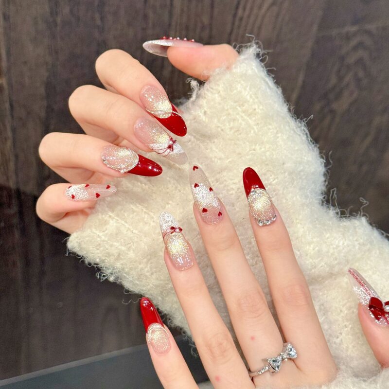 Burgundy Bow French Heart Lace Press-On Nails