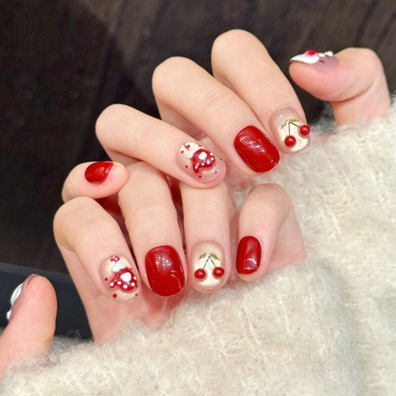 3D Stereoscopic Christmas Snowman & Cherry Cute New Year Red Press-On Nails