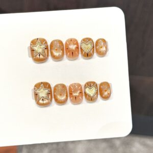 Caramel Starburst Orange-Brown Fine Glitter Heart Design Whitening Press-On Nails