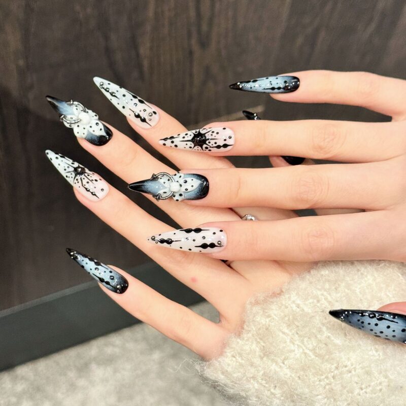 主图-08 Dark Style Ink-splashed Dark Blue 3D Embossed Carvings Press-On Nails