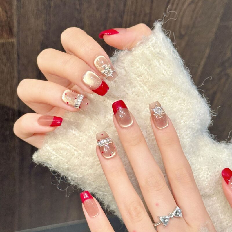 Red Champagne Cat Eye Magic Diamond Short Square & Oval Press-On Nails