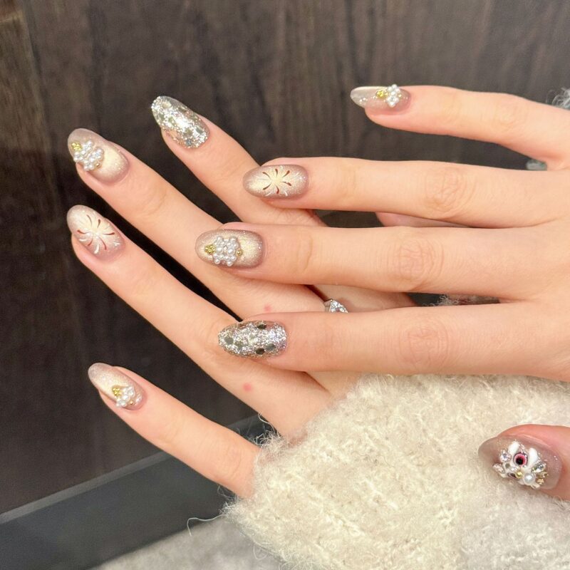 3D Lion Dance Champagne Super Sparkle Fireworks Pearl Press-On Nails