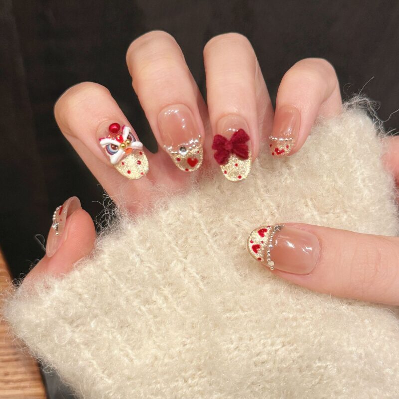 主图-09-2 Cat Eye Heart Lion Dance Bow Press-On Nails