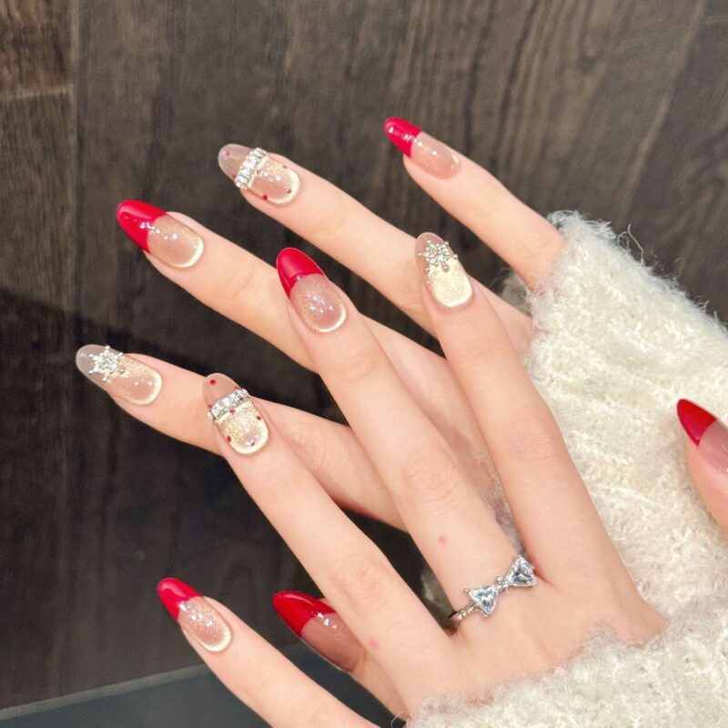 Red Champagne Cat Eye Magic Diamond Short Square & Oval Press-On Nails