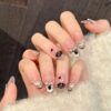 French Sweet Strawberry Translucent Pink Black Diamond Chain Press-On Nails