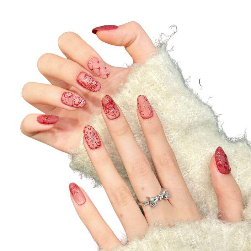 主图-10 Printed Light Luxury Sweet & Edgy Style Matte Red Hello Kitty Press-On Nails
